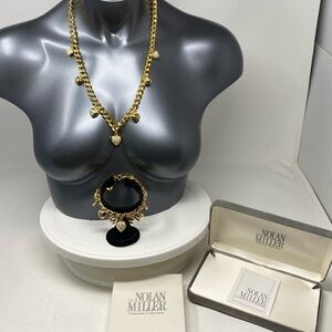 Nolan Miller Heart Charm Rhinestone Gold tone Necklace with matching bracelet